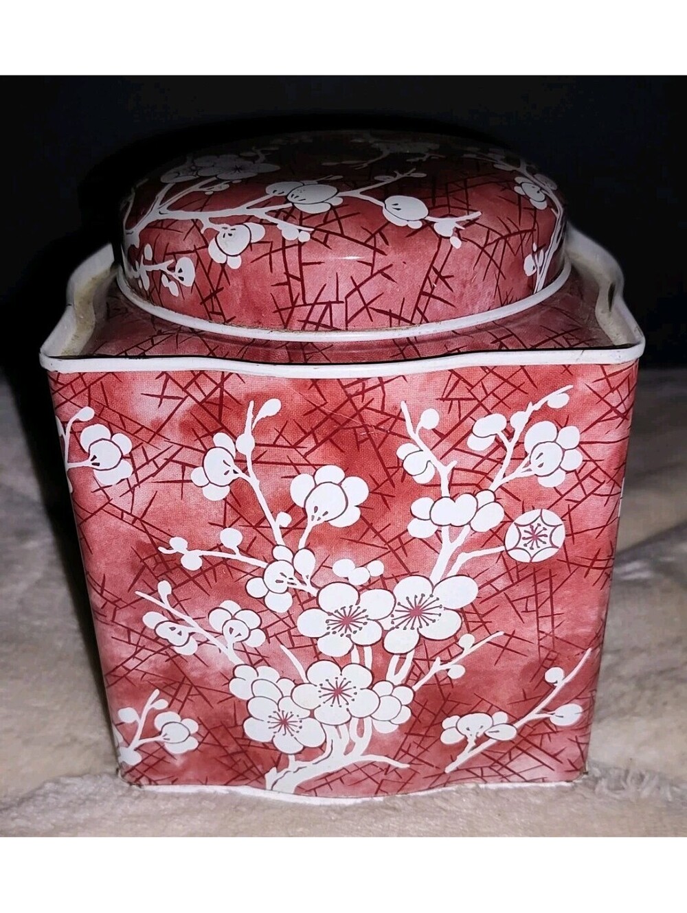 Vintage Daher England Red Floral Tin Tea Caddy Cherry Blossom Container